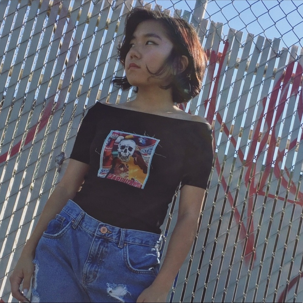 Recreational Death off the shoulder, up~cycled tee